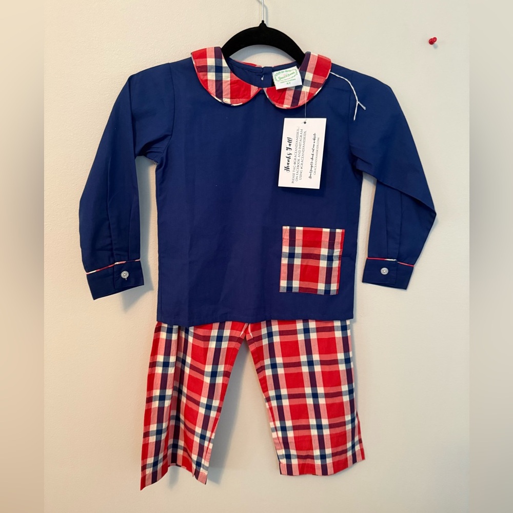Grace and James Navy Shirt with Plaid Pants Set